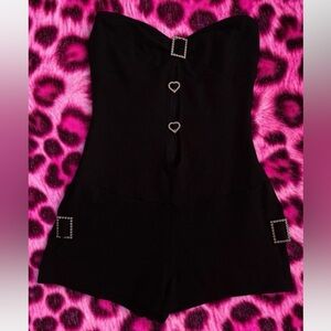 Black Strapless Romper with Heart Accents